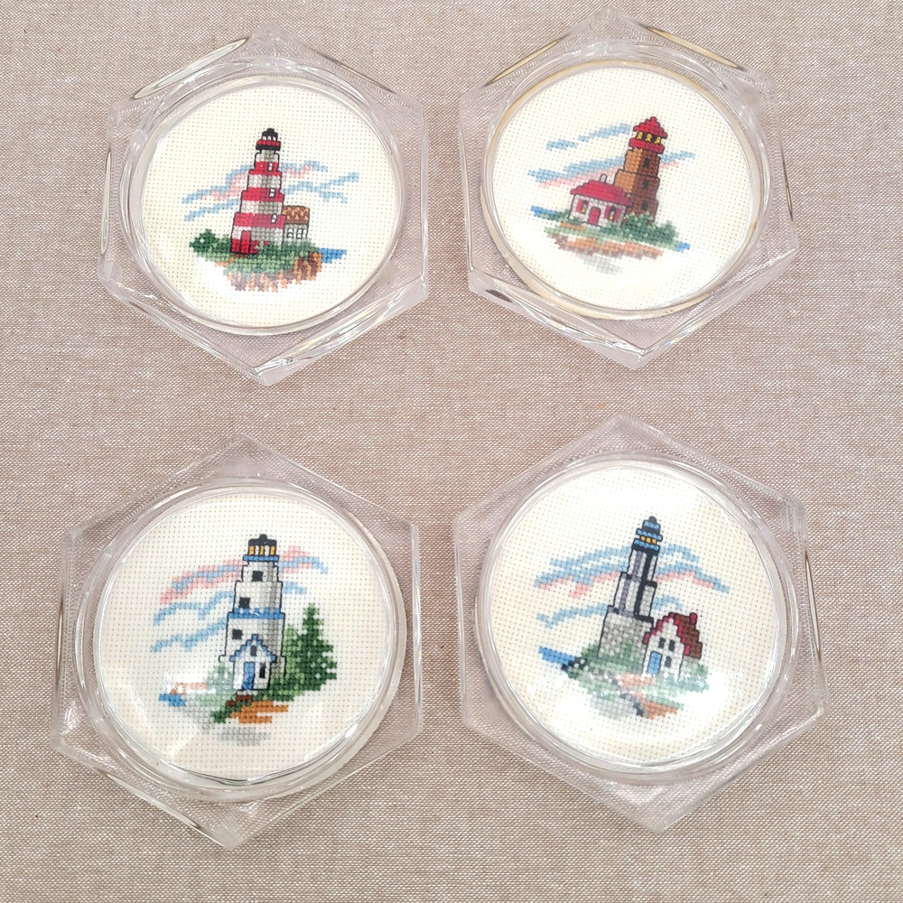 Cross Stitch Acrylic Coasters Kit Lighthouses set of 4, Coastal Beach Nautical